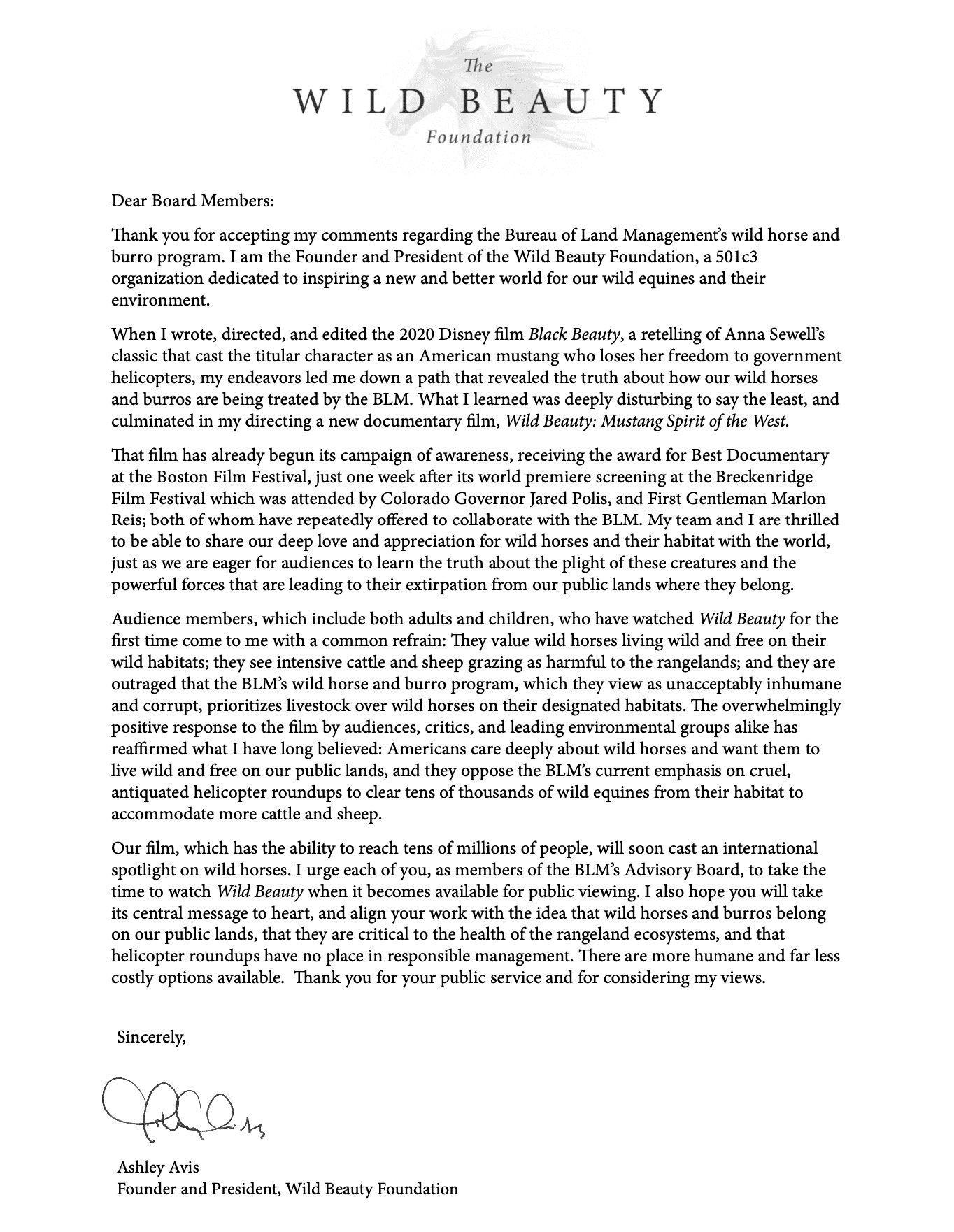 Avis Advisor Board Letter